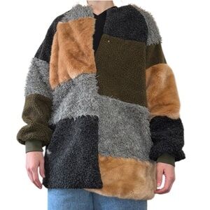 Patchwork Faux-Shearling Coat in Olive, Gray & Tan